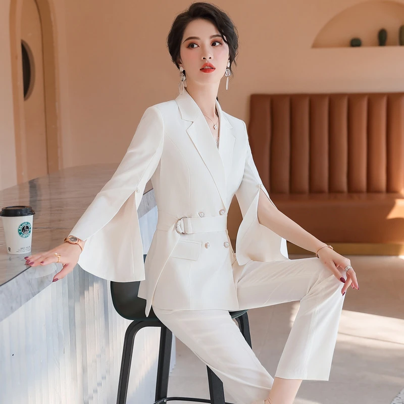 Kadın takım elbise bayan takım elbise ofis 2020 yeni yüksek kaliteli  parlama kollu ceket pantolon 2 parça Set Blazer pantolon beyaz takım elbise  kadın|Pant./Ceket Takımlar| - AliExpress