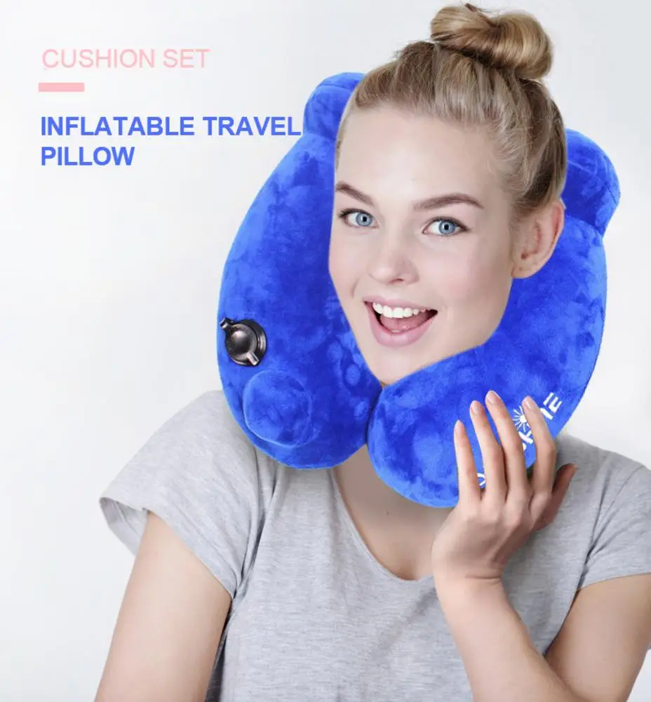 Travel Four-piece Set Inflatable Air Neck Pillow Eye Mask Earplugs Storage Bag Self Pump up without Blowing for Travel Office