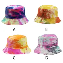 Для женщин Для мужчин летний тай-дай хлопковая Панама градиент Цветной Реверсивный в стиле «хип-хоп» с широкими с полями, Солнце Защита Harajuku Рыбацкая шляпа