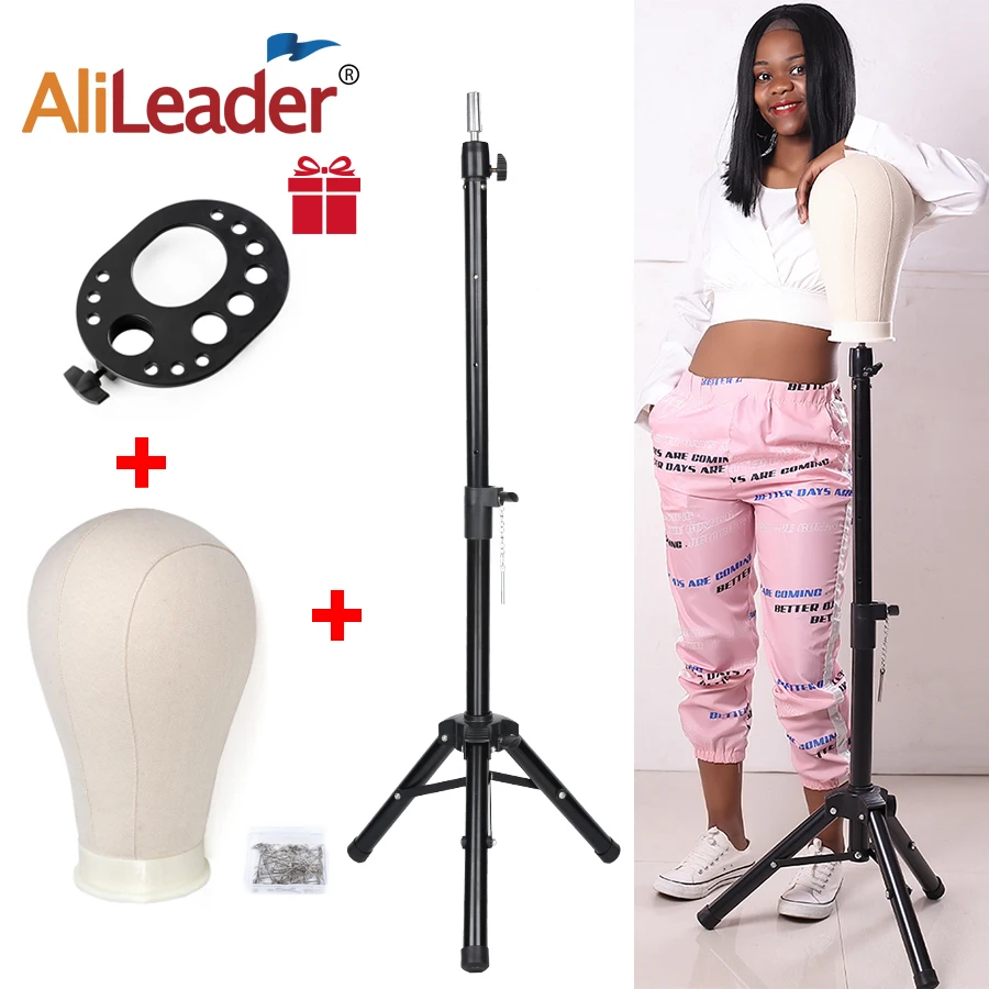 Alileader New 125Cm Wig Stand Wig Tripod With Mannequin Canvas Block Head Adjustable Tripod Stand And  Wig Making kit TPins Gift