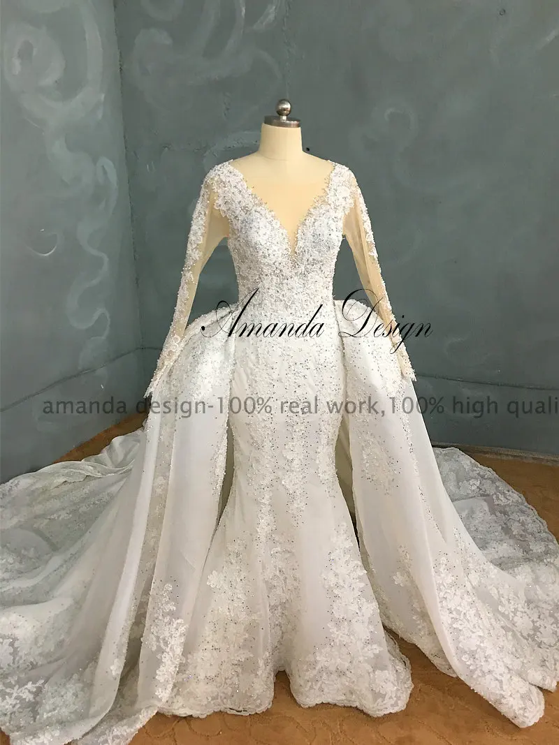 Аманда дизайн robe de mariee grande шлейф с длинными рукавами кристаллы для свадебного платья со съемной юбкой