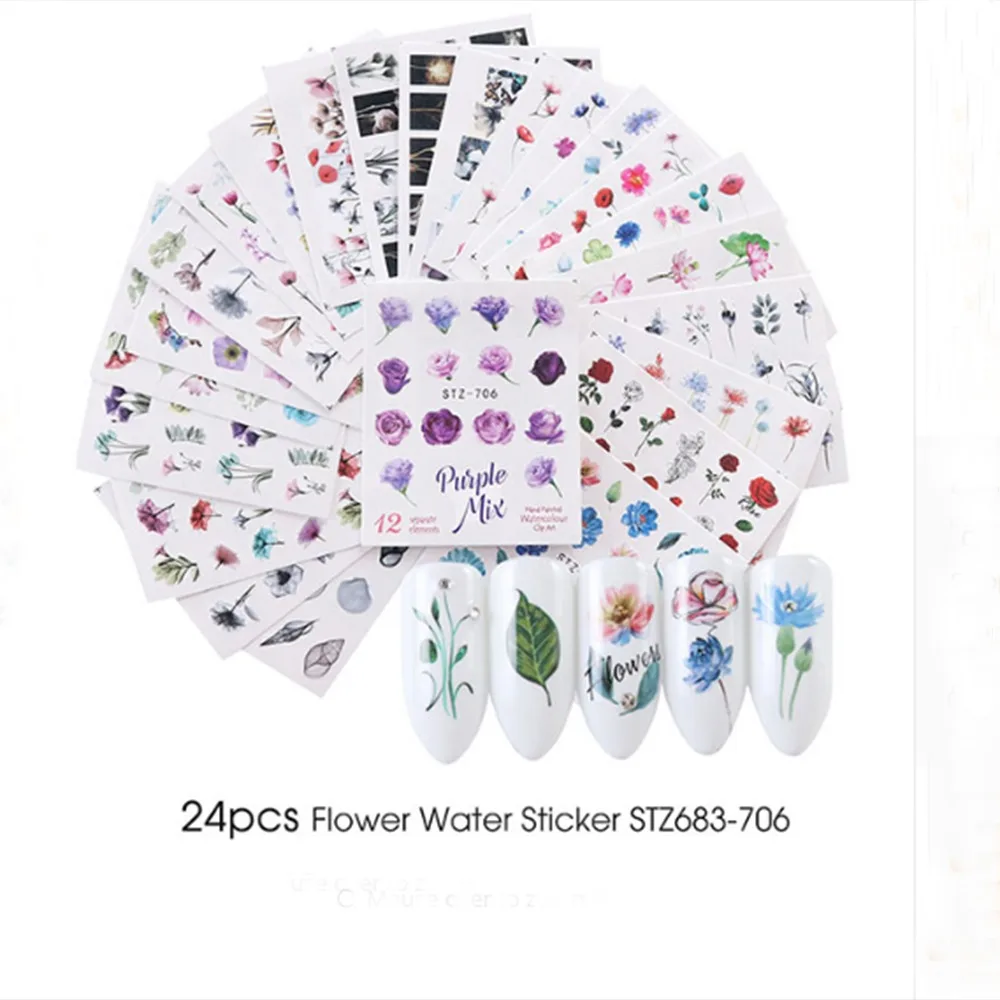 24 шт акварельные цветочные наклейки для ногтей набор Фламинго морской конь дизайн гель маникюр декор вода слайдер водяной знак stic
