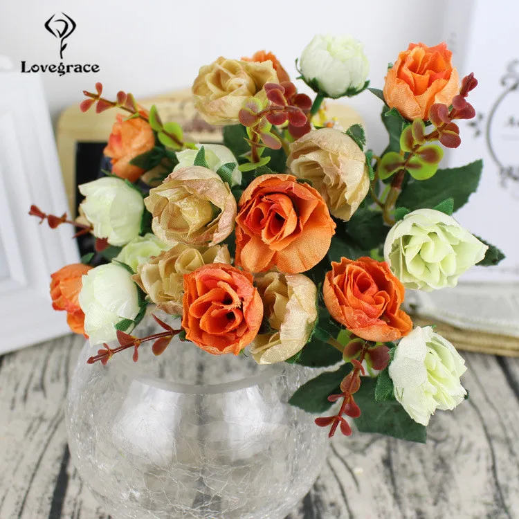 Lovegrace, искусственные шелковые цветы, 21 головка, Ретро стиль, роза, сделай сам, букет невесты, Бордовые цветы, для дома, вечерние, для комнаты, Свадебный декор, искусственные розы - Цвет: orange