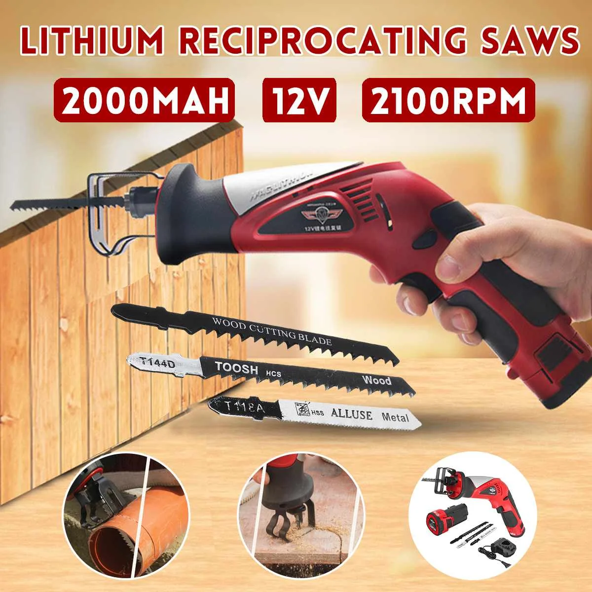 

12V Electric Saw Lithium Reciprocating Saw Cordless for Wood Metal Cutting DIY Power Portable Electric Jig Saws with Saw Blades