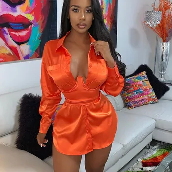 

Sexy Satin Mini Shirt Dress Fall 2019 Woman Long Sleeve Pockets Detail Button Up Wide Belt Orange Club Party Night Short Dresses