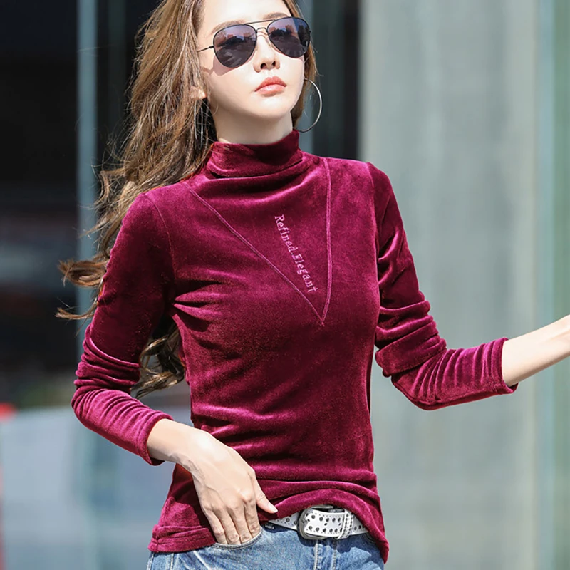 

Velvet Winter Turtleneck T-Shirt Letter Embroidery T Shirt Women 2020 New Fall Clothes Casual Long Sleeve Tops Tee Shirt Femme