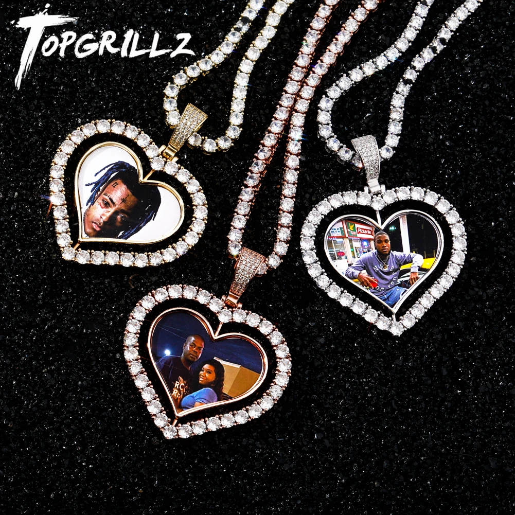 TOPGRILLZ Heart Shaped Custom Photo Spin Double Sided Medallion Pendant Necklace With 4mm Tennis Chain Zircon Hip Hop Jewelry