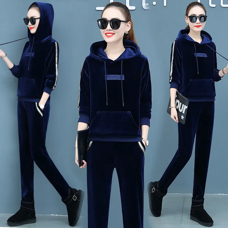 Winter Thick Velour Women Sport Suit Tracksuit Warm Hoodie Sweatshirt+pant Casual Jogger Running Workout Outfit Set Sportswear