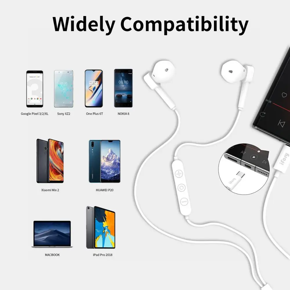 USB C Earphones iFory HiFi Stereo Type C Earbuds Stereo in Ear Earbud USB C Headphones with Mic and Volume Control