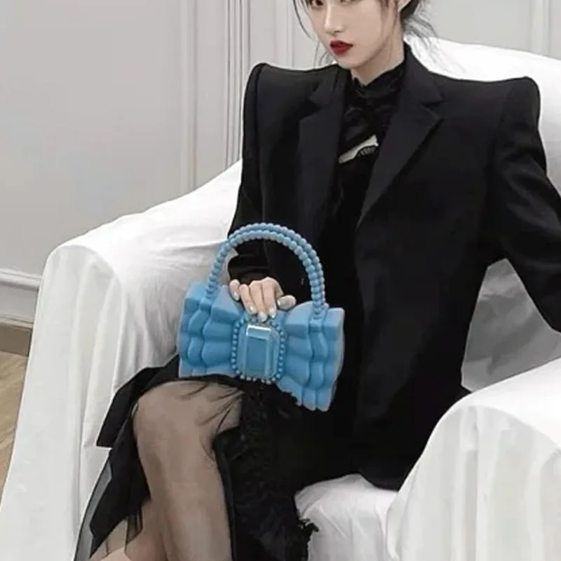 Brands Bow Jelly Women Handbag Cute Beading Handle Clutch Sweet PVC Hand Bags and Purse Big Diamonds Evening Party Bags Lady INS