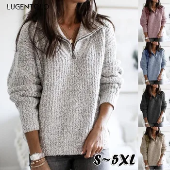 

Lugentolo Women Sweater Autumn and Winter Fashion Zipper Pullover Long Sleeve Knit Lapel Moderate Sweater Coat Female