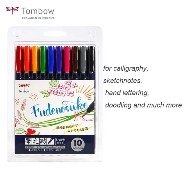 Fudenosuke 10 colors Tombow Fudenosuke Fude Brush Felt Tip Pen Set Art Marker 10 Colors Drawing Calligraphy Sketch Notes Hand Lettering Doodling Pens - Цвет: Fudenosuke 10 colors