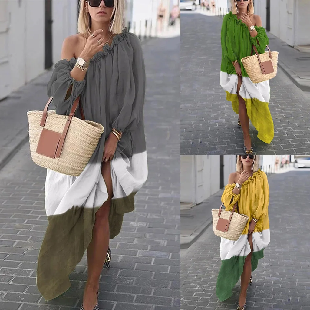 

Women's Large Size Retro National Wind Long Sleeve Loose-Fit Horizontal Neck Joint Multi-color Dress