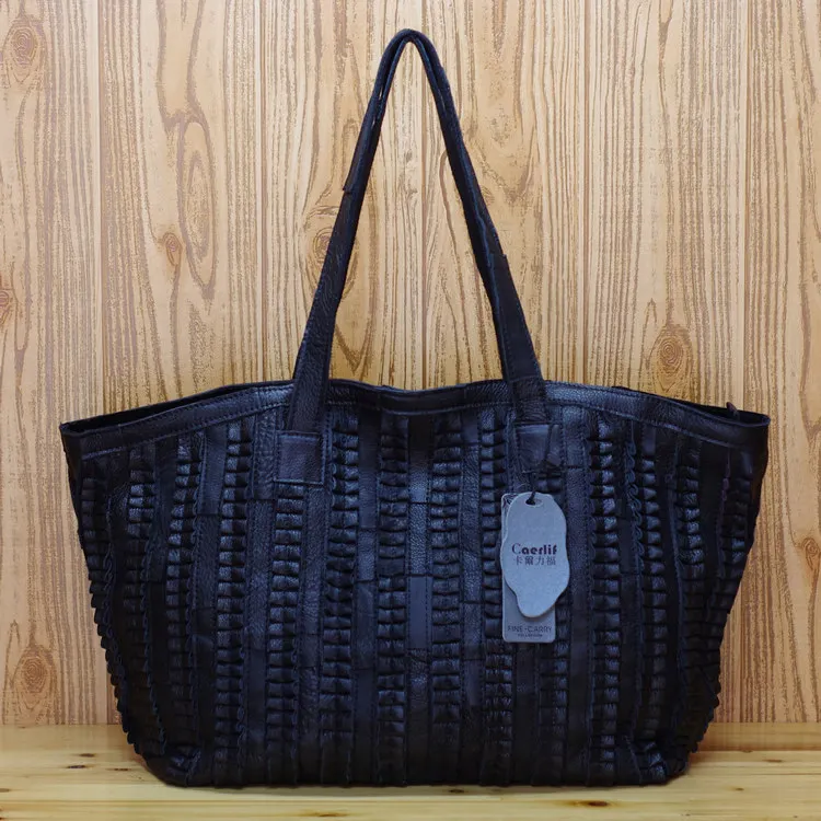

Genuine Leather First Layer Leather Bag Casual Soft Women's Korean-style Stripes WOMEN'S Bag Shoulder Large Bag