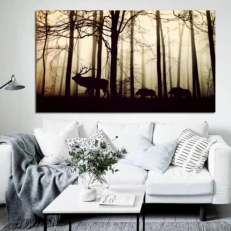 

RELIABLI Poster Canvas Painting Landscape Forest Silhouette Deer Wall Art Wall Pictures For Living Room Home Decoration Unframed