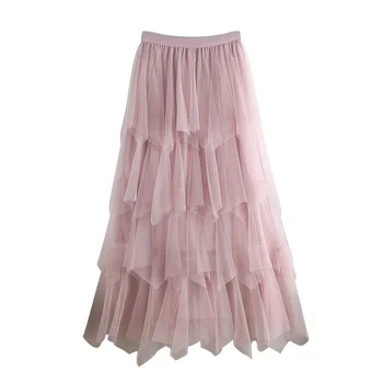 

Women Cupcake Dress Fashion High Waist Clothing Irregularity Streetwear Yarn Patchwoek Pleated A-Line Skirt Summer Harajuku W159