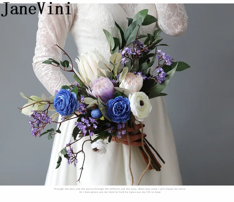 JaneVini Ramo De Novia синий фиолетовый свадебный букет цветов Элегантный Искусственный шелк цветок императора брошь невесты Буке