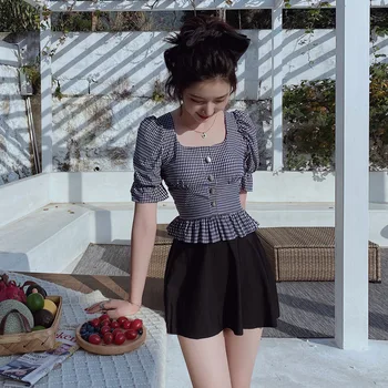 

Swimsuit Women Swimwear Bathing Suit Woman Swim Rashguard Female Accept High Waist Plaid Swimsuits With Skirt Ancient Bubble Hot
