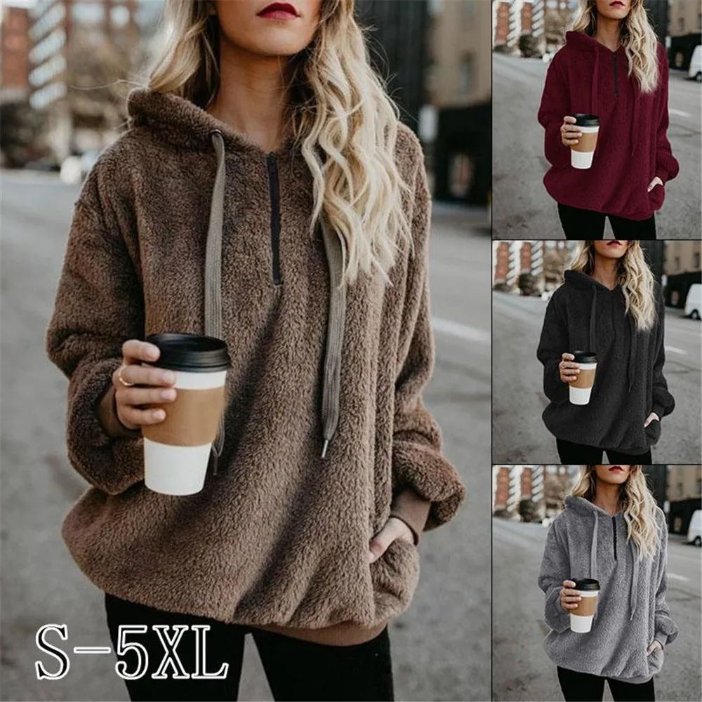 

Women Fleece Hoodies Winter Long Sleeve Loose Fur Pullovers Sweatshirts Autumn Winter Warm Pocket Plush Hooded Sweatshirts