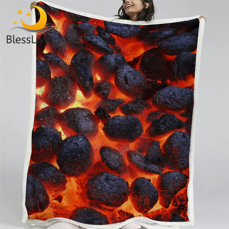 BlessLiving 3D Print Sherpa Blanket Burning Briquettes Blankets For Beds Flame Fire Cobertor Red Black Coal Warm Fluffy Blanket