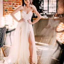 SSYFashion новое пляжное платье цвета слоновой кости сексуальное с v-образным вырезом кружева аппликации с открытой спиной с высоким разрезом Lllusion вечернее платье на заказ формальное платье для выпускного вечера