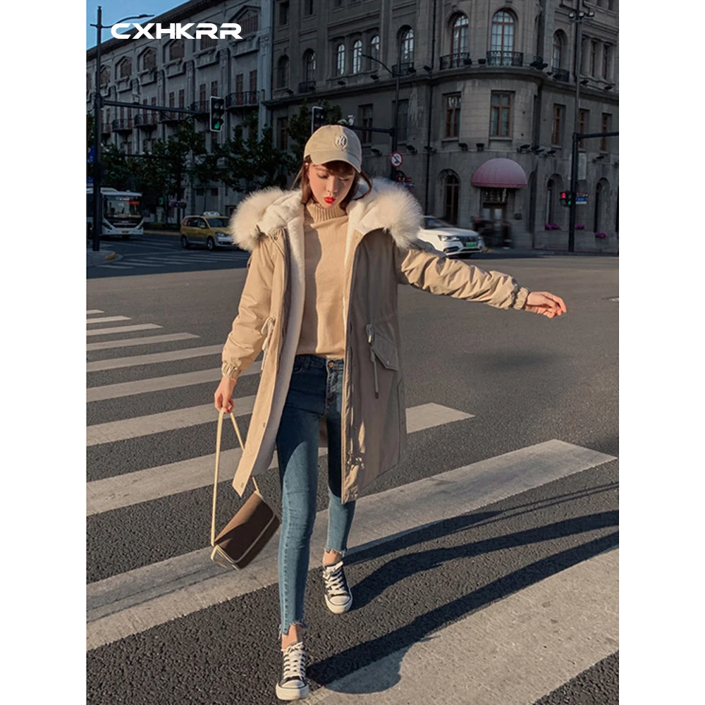 CXHKRR Fashion Long Parka Coat Jacket Oversized Cotton Jacket Women Winter Faux Fur Collar Hooded Jacket Cotton Women