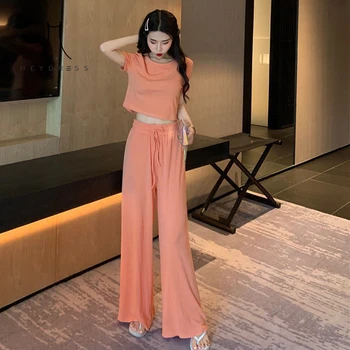 

Short Sleeve Black Two Piece Set Casual Loose Wide Leg Pants High Waist Lady Outfits Crop Top And Trousers 2piece Set Women Suit