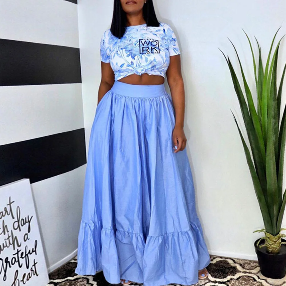 Summer Two Piece Skirt Sets Blue Print 