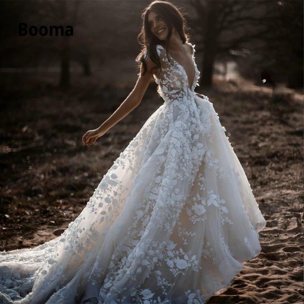 Богемное свадебное платье с рукавом-крылышком и глубоким v-образным вырезом, 3d Цветочная аппликация, свадебные платья размера плюс с открытой спиной, платье принцессы, Vestido De Noiva