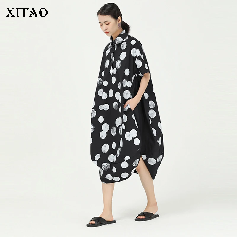Женское асимметричное платье XITAO повседневное летнее в горошек с отложным