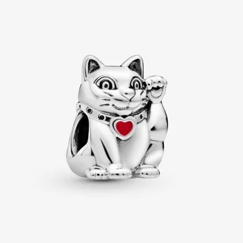 

JrSr 100% 925 Sterling Silver Beads Red Heart Enamel Animal Luck Little Cat Charms Fit Pandora Bracelets Women DIY Jewelry gifts