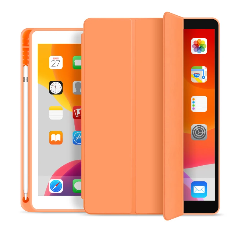 Оранжевый Для новых iPad 10,2 дюймов 7th Gen чехол с карандашом, ZVRUA тонкий трехслойный смарт-чехол из искусственной кожи с функцией пробуждения и сна - Цвет: Оранжевый