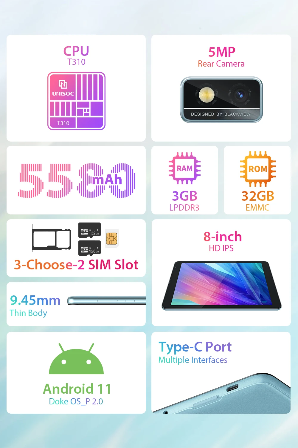 Blackview Tab 6 – 8-inch Android 11 Tablet, Unisoc T310 Quad Core, 3GB+32GB, 5580mAh Big Battery, 2MP+5MP Camera Description Image.This Product Can Be Found With The Tag Names Blackview tab 8 4g tablet, Blackview tab 8 inches, Blackview tab 8 movie, Blackview tab8 tablet, Tablet 8 inches blackview