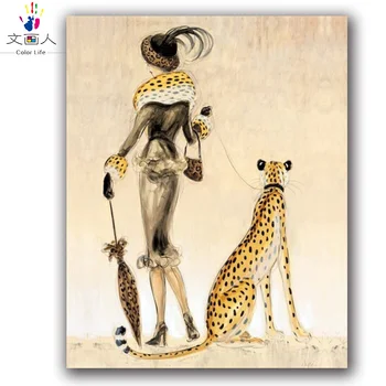 

desen animat Elegant female and leopard People and animals pictures paintings paints colors by numbers in colors with