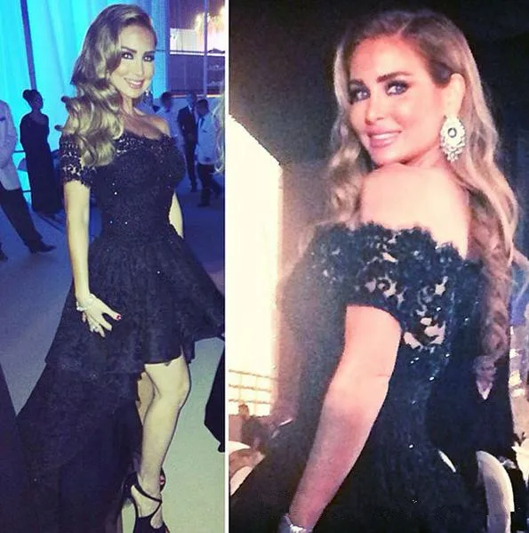 

Little Black Lace High Low Prom Dresses Bateau Neck Sexy Short Bride Party Evening Gowns Zipper Back Vestidos