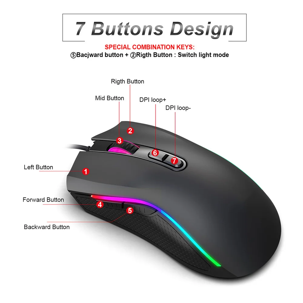 

Wired RGB Gaming Mouse 7 Programmable Buttons 7200 DPI Adjustable Optical Gaming Mouse RGB Back light Gaming Mouse For FPS Gamer