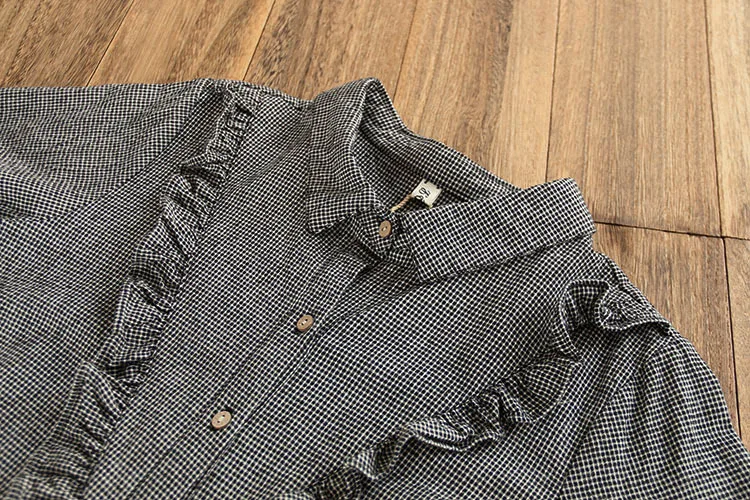 6788 Осенняя Женская свободная хлопковая льняная клетчатая длинная рубашка с оборками в японском стиле Mori Girl, отложной воротник, клетчатая рубашка с длинными рукавами, топы