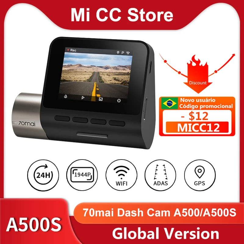70mai-Cámara de salpicadero inteligente Pro Plus A500 70 mai, videocámara de estacionamiento 24H ADAS con GPS integrado, velocidad coordinada 1944P, versión Global