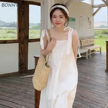 Vestido de verano Simple sin mangas para mujer, a media pantorrilla Ulzzang prenda elegante, sólido, combina con todo, para estudiantes, bonito y holgado 1