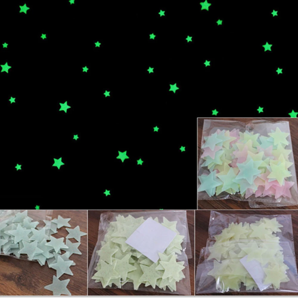 100pcs 3D Stars Glow In Dark Luminous Fluorescent Plastic Wall Sticker Home Decor Decal Wallpaper Decorative luminous wall stickers fluorescent stickers 3d wall stickers