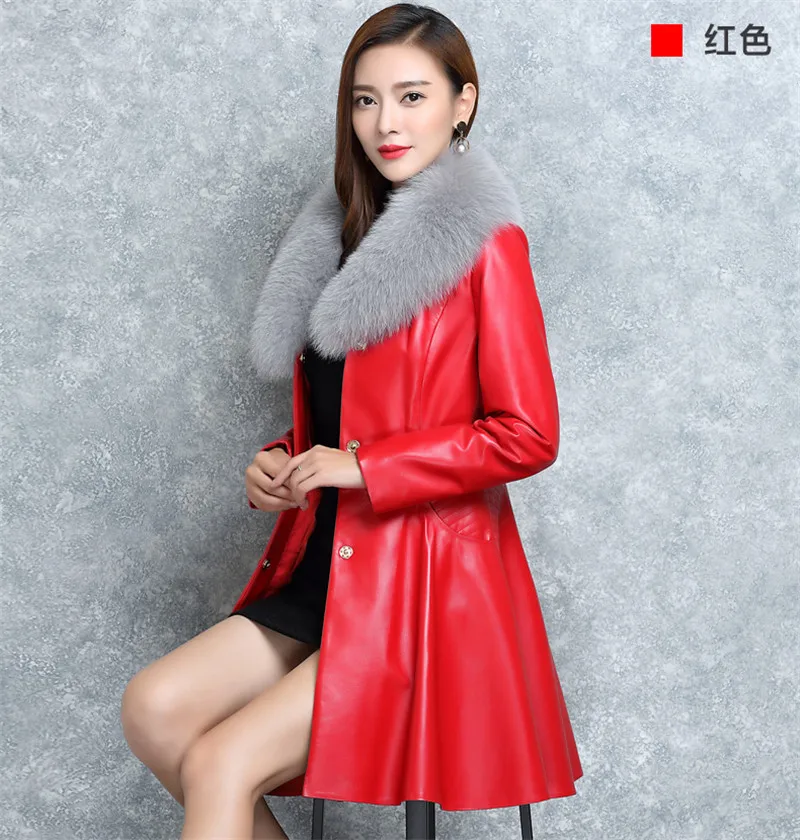 Женская кожаная куртка, зимнее пальто, новинка, с воротником из искусственного лисьего меха, плюс хлопок, теплые длинные женские Куртки из искусственной кожи, пальто, S-4XL, W1416