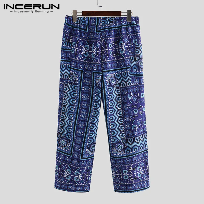 Blue Pants INCERUN/мужские брюки с принтом в этническом стиле; хлопковые брюки для бега на завязках; свободные брюки в стиле ретро; повседневные уличные брюки; Hombre - Цвет: Blue Pants