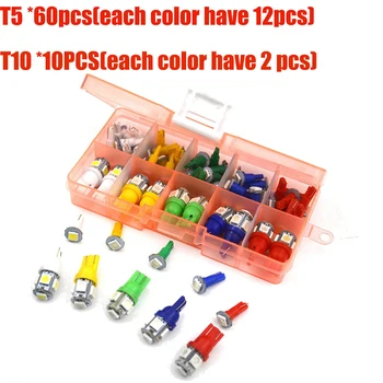 

DC 12V 70pcs Car Auto T5+T10 LED 5050SMD Instrument Panel Light Bulb Indicator Signal Lamp Green/Red/White/Blue/Yellow