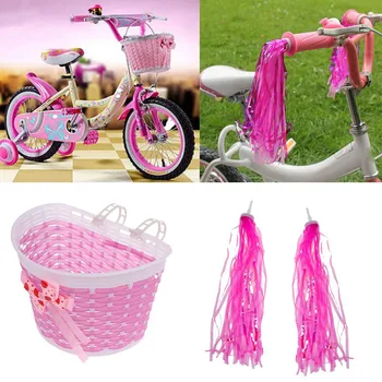 

Bike Pink Front Handlebar Basket + Retro Tassels Streamers for Kidsâ Bicycles Tricycles Scooters