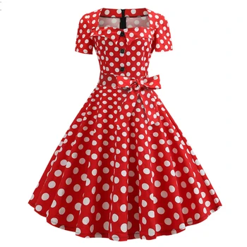 

White Polka Dot Summer Dresses for Women Square Collar Short Sleeve Vintage 50s Pin Up Party Rockabilly Dress 2020 Vestidos