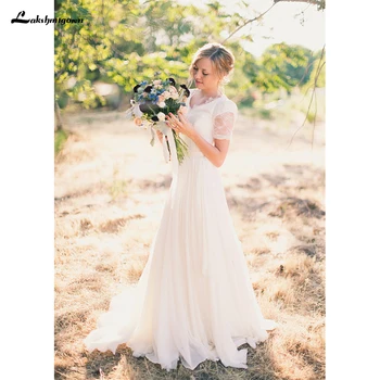 

Chiffon Lace A-Line Wedding Dresses 2020 Short Sleeves V Neck Bridal Gowns Cheap Simple Spring Garden vestido de novia