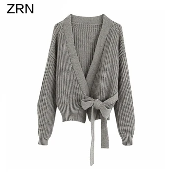 

ZRN Women 2020 Fashion Cropped Knit Cardigan with Belt long sleeve stylish Casual Loose V Neck Sweaters Female Cardigans Winter