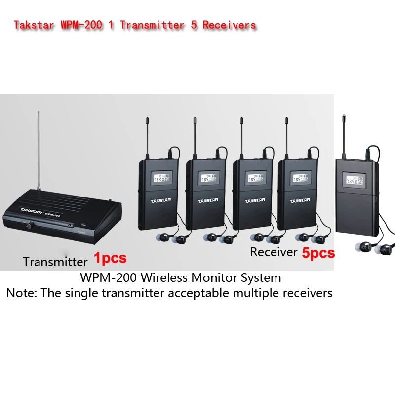 Takstar WPM-200 UHF Wireless In Ear Earphones Stage Monitor System 1 Transmitter 5 Receiver Pack | Электроника