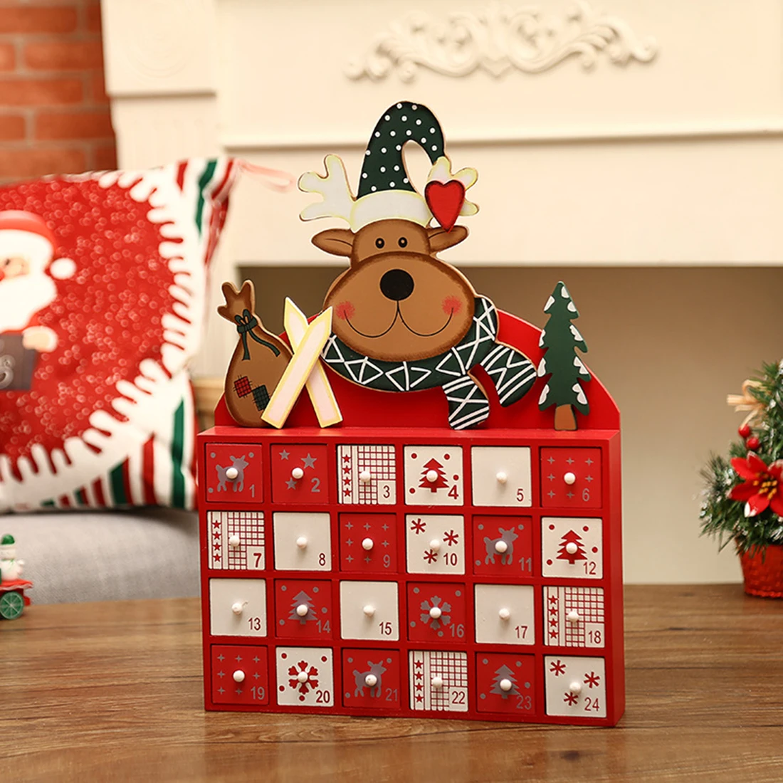 

Christmas Advent Countdown Calendar Wooden Cabinet with Date Drawer Calendar Storage Box - Elk