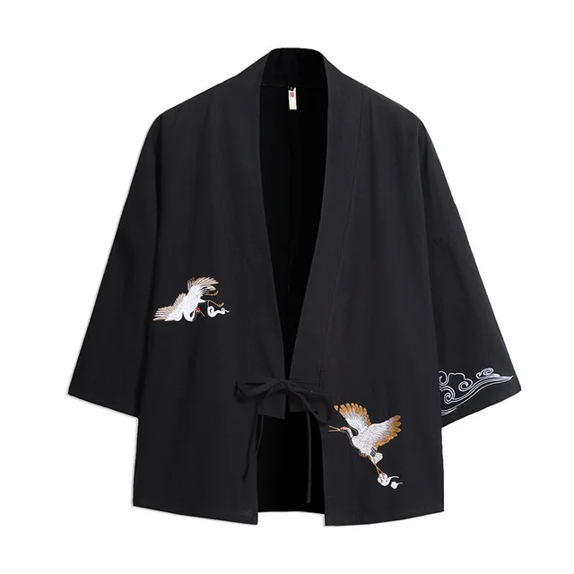 Японский стиль для мужчин Yukata пальто Винтаж лен хлопок сплошной цвет вышивка платье Весна Китайская традиционная свободные кимоно пальто